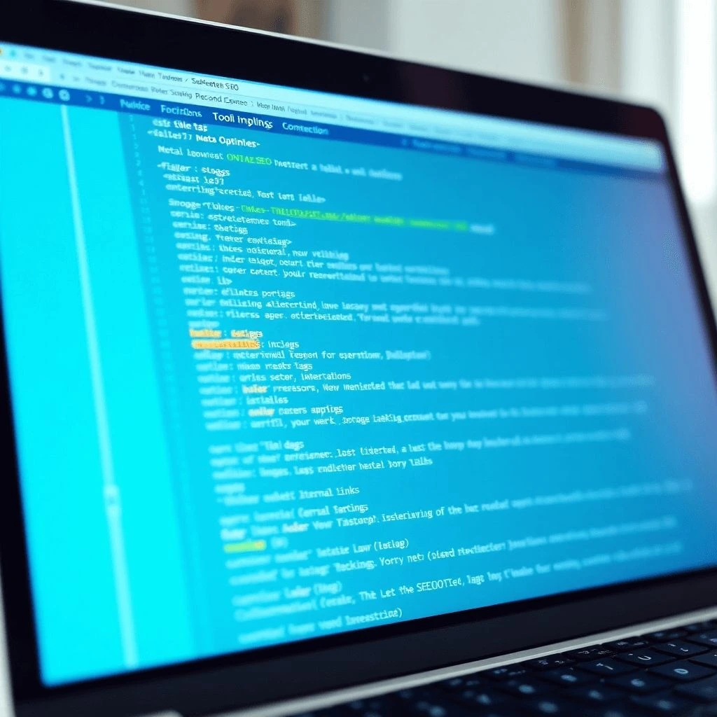 pantalla de laptop mostrando la optimización de código SEO con herramientas, resaltando meta tags, encabezados y enlaces internos. Colores profesionales en azules, verdes y blancos.